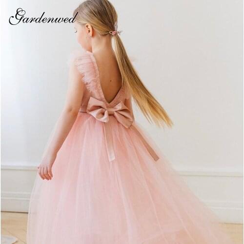 Gardenwed A-line Simple Flower Girl Dresses Organza Cap Sleeves Girls Wedding Dress Kids Satin Sashes Bow Princess Evening Dress