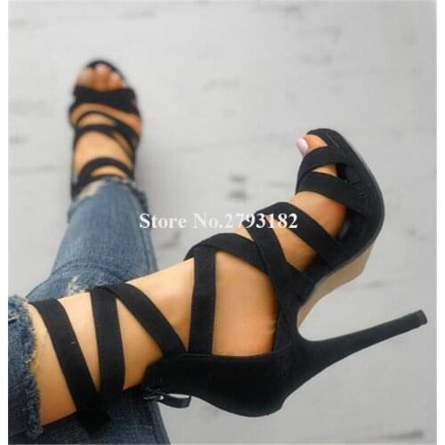Women Elegant Fashion Open Toe Suede Leather Stiletto Heel Gladiator Sandals Black Strap Cross Back Zipper-up High Heel Sandals