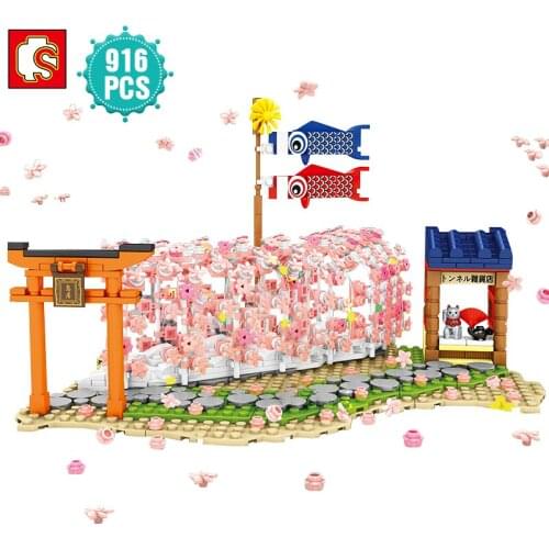 SEMBO ideas Japanese Style Street View Cherry Blossom Tunnel Building Blocks Assembly DIY Toys Gift For Children