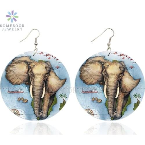 SOMESOOR Printing Afro Elephant Wooden Drop Earrings African Animal Eco Map Design 6cm Large Dangle Earring Jewelry Women Gifts
