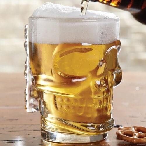 18 Ounce (500ml)1 Beer Juice Water Drinking Glass,Clear Heavy Base Glass Skull Face Drinking Mug cup with Glass Handles(00280)