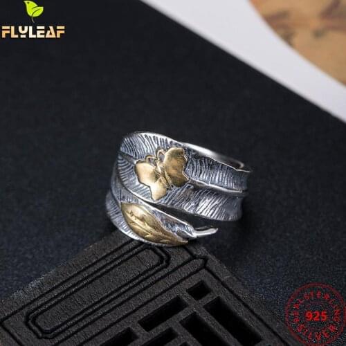 Retro Manual Feather Butterfly Open Rings For Women Men 925 Sterling Silver Neutral Vintage Jewelry 17.5mm Adjustable 2021 New