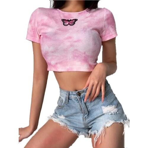 Women Fashion Tops Tie-dyed Casual Short Sleeve Round Neck Embroidery Butterfly T-shirt Slim Undershirt