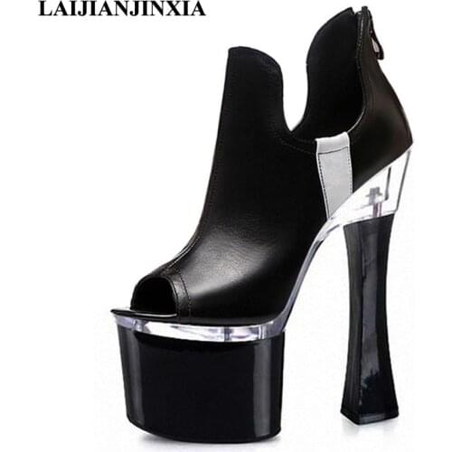 LAIJIANJINXIA White/Black Sexy Peep Toe 18cm Square High Heels Wedding Party Dress Women Pole Dance Shoes Sandals Dancing Shoes