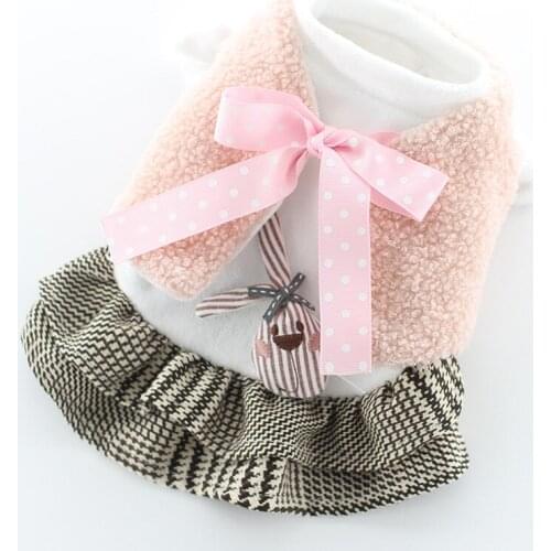 Dog Winter Princess Dress Coat for Dogs Fleece Warm Plaid Bowknot Elegant Dog Clothes Dresses Maltese Chihuahua York Apparel