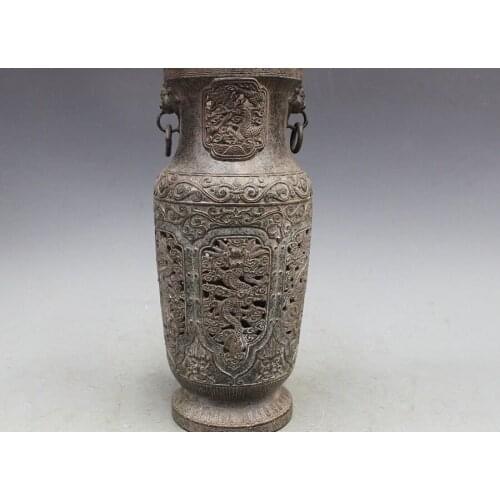 13" Chinese Bronze carving six Dragon king Palace Bottle pot Vase statue