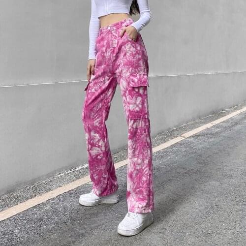 2021 Pink Tie Dye Jeans For Girls Female Casual Vintage Straight Denim Cargo Pants Baggy High Waisted Women Trouser Capris