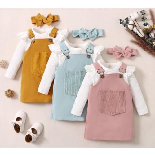 3Pcs Kids Autumn Spring TracksuitSolid Color Ribbed Long Sleeves Knitted T-Shirt Overalls Dress Hair Band Girls Childrens Sets