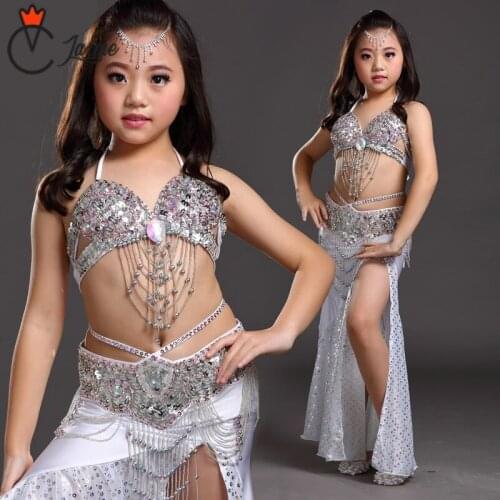 8 colors Oriental Outfit Professional Belly Dancing Clothes 3-piece Bra, Belt, Skirt Girls Belly Dance Costume Set for Kids