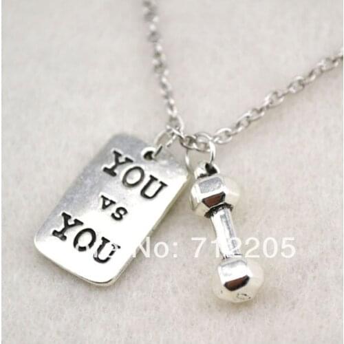 Antique silver plated beauty dumbbell and Vintage Rectangle YOU and YOU sports necklace