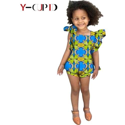 African Clothes for Kids Summer Baby Girls Batik Ankara Print Ruffles Playsuits Jumpsuit Bazin Riche Children Outfits YS204025