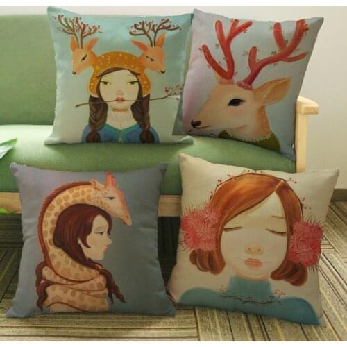 Fantasy Cartoon Young Girl And Deer Flowers Plants Nature Harmonious Pillow Case Creative Home Decoration Cushion Cover 45x45