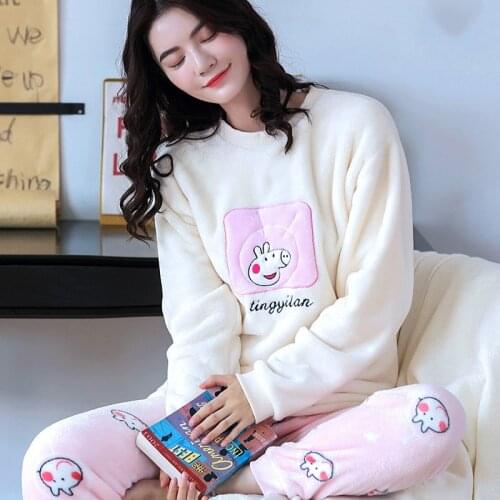 H5993 Girl Plus Thick Pajamas Suit Coral Velvet Warm Thermal Sweet Women High Quality Flannel Long Sleeve Cute Winter Sleepwear