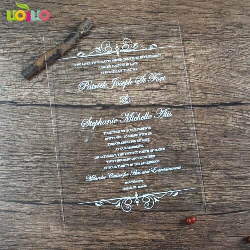 Beautiful 50sets hot sell wedding invitation card elegant clear acylic invitations with white words printing for wedding decor