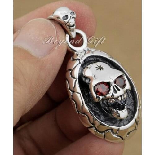 LINSION 925 Sterling Silver Red CZ Stone Skull Mens Pendant Biker Jewelry 9R005