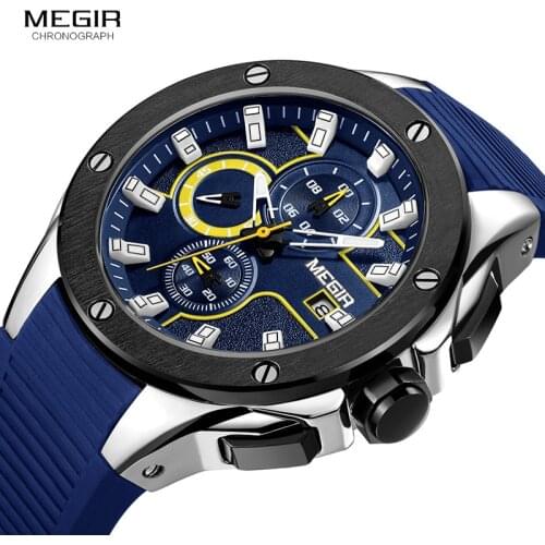 MEGIR Mens Sports Chronograph Quartz Watches Silicone Strap Luminous Waterproof Army Military Wristwatch Man Relogios 2053 Blue