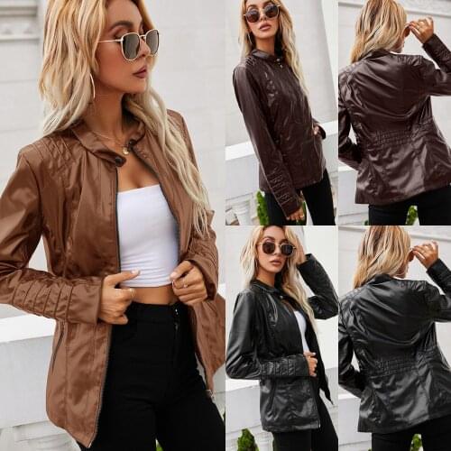 Fashion European and American fall/winter stand-up collar zipper long-sleeved solid color womens leather jacket jacket women