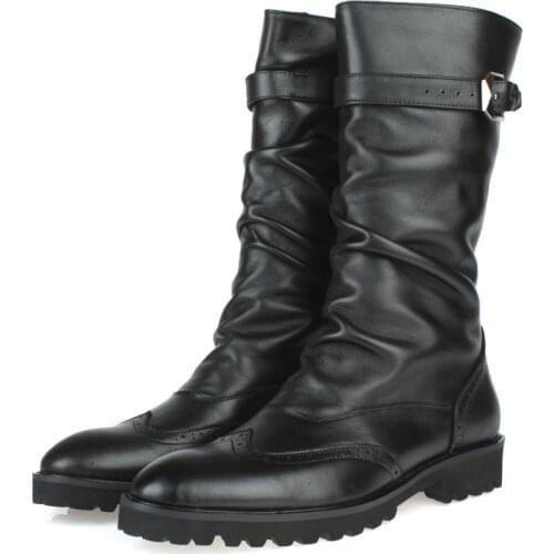 Fashion British Black Winter Mens Boots Genuine Leather High Boots Mens Motorcycle Boots With Buckle