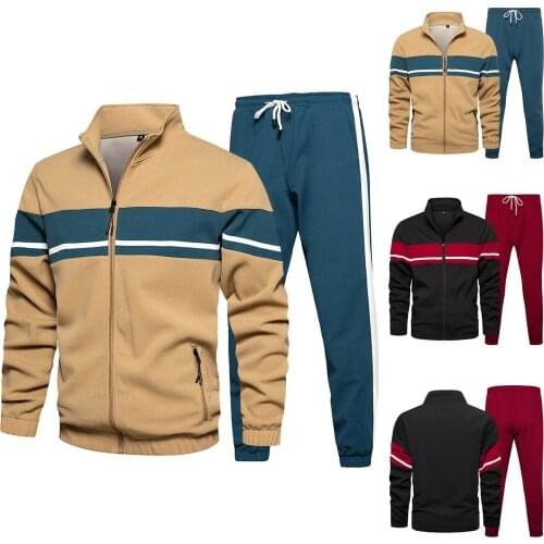 Mens Autumn 2-piece Striped Patchwork Long Sleeve Top Blouse & Long Pants Sets High Quality Sport Comfy Blouse Set Free Shipping