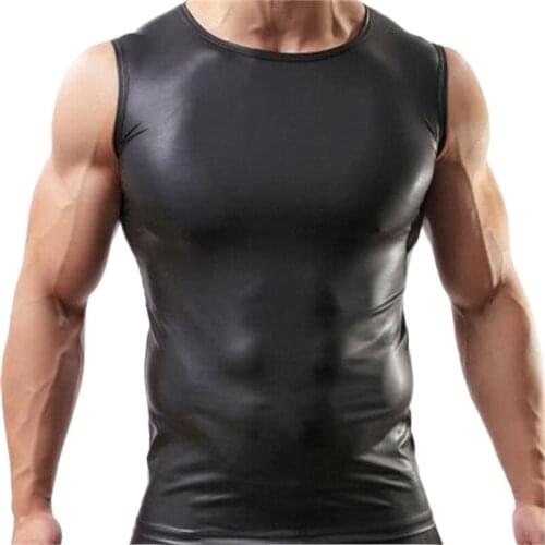 Mens Undershirts PU Leather One-piece T-shirts Underwear Tank Top Vest Punk Style Singlet Dance Clubwear Sexy Gay Plus Size