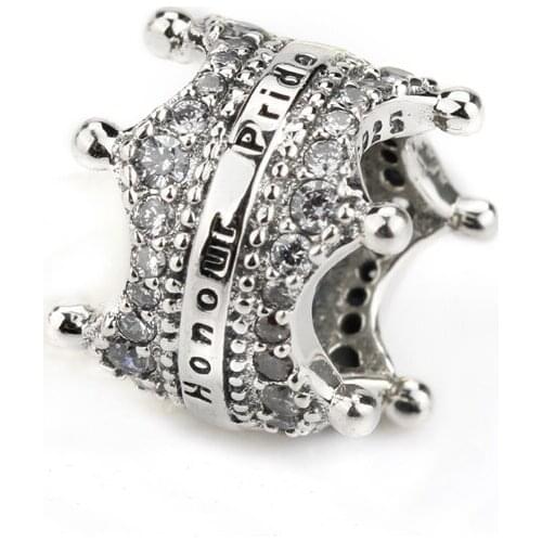 Real 925 Sterling Silver Crown Shape Charm with Clear CZ Beads Fit Bracelet Pendant Fine Jewelry Gift