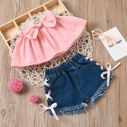 New Girls' Childrens Clothing Solid Color Bowknot Tube Top Blouse Lace-up Denim Shorts Two-piece Suit Boutique Kids Clothing