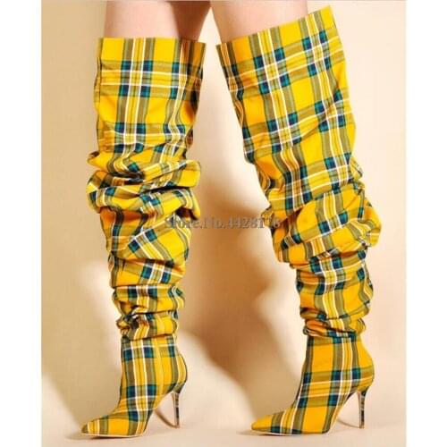 New Winter Plaid Womens Thigh High Boots Elegant Ladies High Heels Shoes Women Pleated Pointed Toe long Over The Knee Boots 2020