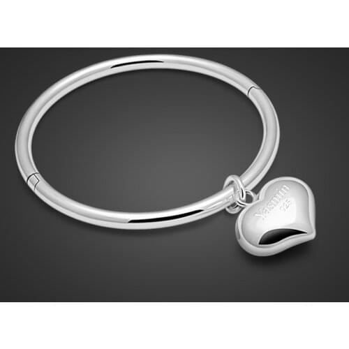 Charming lady sterling silver jewelry.Contracted solid 925 silver bracelet.Fashionable woman heart-shaped pendant bracelet gift