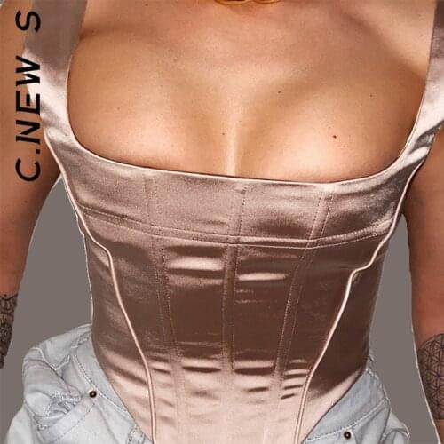 Sexy Satin Crop Top Solid Summer Tunics Square Collar Sleeveless Short Tank Top Sexy Women Vest Slim Vintage Camisole Corset Top