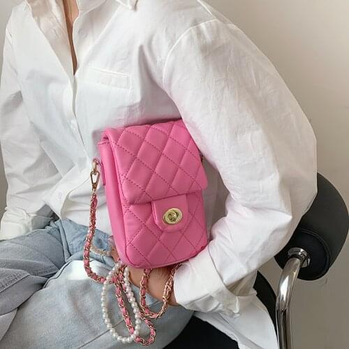 Women Diamond Lattice PU Leather Messenger Shoulder Bag Hot Pink Luxury Designer Crossbody Bags Phone Bags Fashionable Purses
