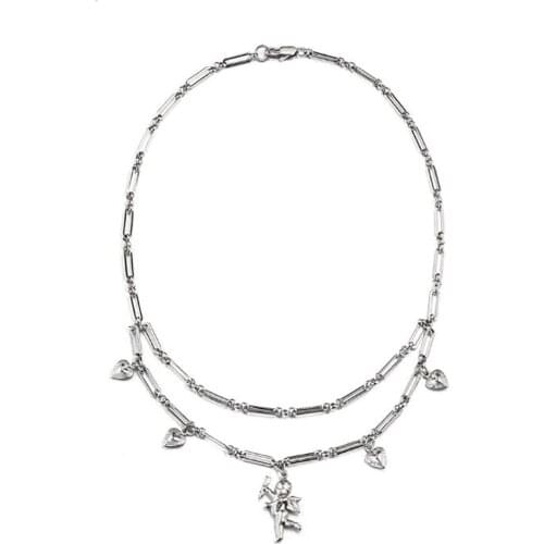 Stainless Steel Angel Heart Vintage Chain Link Pendant Necklace Jewelry Gift For Him