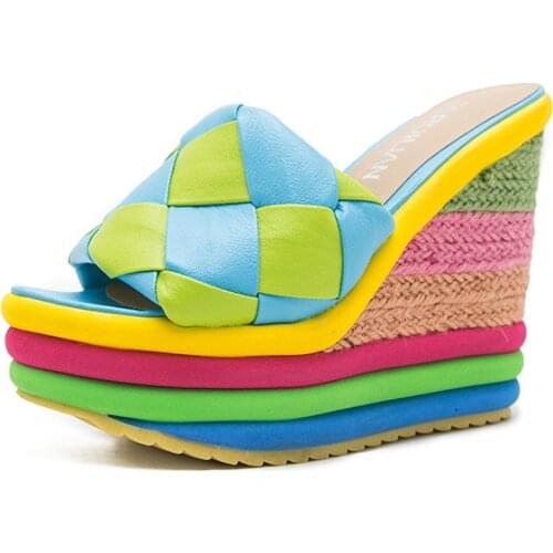 Summer 13cm Height Womens Platform Sandals Pu Leather Woven Mules Rainbow Hemp Twine fishman shoes Casual Chunky Wedges Slipper