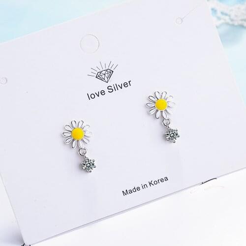 925 Sterling Silver Sweet Flower Stud Earrings For Wome Epoxy Sun Flower Zircon Earrings oorbellen S-E759