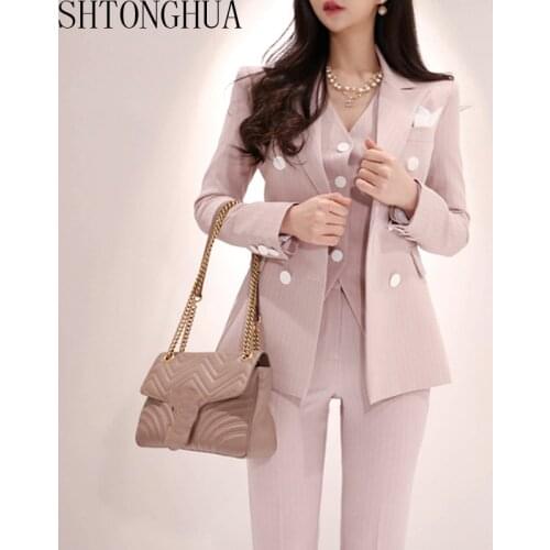 SHTONGHUA Women 3 Piece Set 2019 Spring Autumn Pink stripe Blazer Double Breasted Coat+Vest+Office OL Trousers Pant Suits