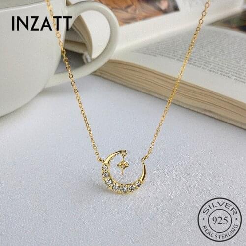INZATT Real 925 Sterling Silver Zircon Moon Cross Pendant Necklace For Charm Women Party Romantic Fine Jewelry Minimalist Gift