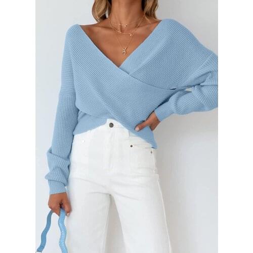 2021 Fashion Women Solid Color Sweater Long Sleeve Deep V-neck Knitted Crop Tops in 6 Colors Autumn Ladies Casual Pullovers