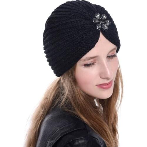 2019 winter women turban caps bohemian style wool knit hijab bonnet flower drill muslim headdress inner caps for hijab turbante