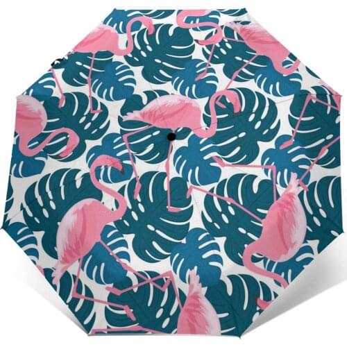 Wind Resistant Fully-Automatic Umbrella Tropical Pink Flamingos And Monstera Leaves Rain 3 Folding Parasol Travel Car Umbrella