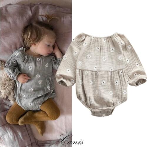 Baby Girl Boy Flowers Cotton Linen Bodysuit Long Sleeve O-Neck Jumpsuit Newborn Baby Clothes Unisex Baby Bodysuits 0-24M