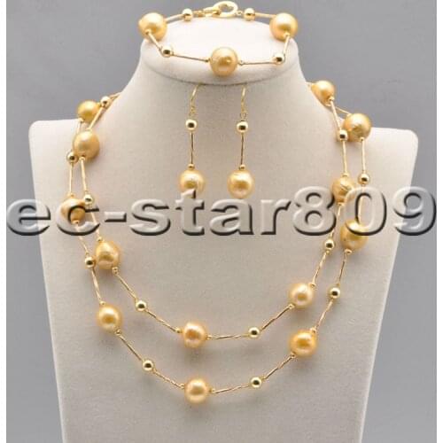 D0371 14mm Golden Black Round Edison Keshi Pearl Bead Necklace Bracelet Earring