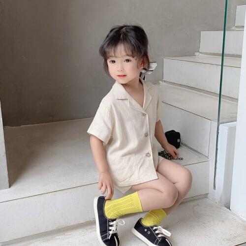 Summer thin cotton solid color clothes set unisex short sleeve single-breasted Tee and shorts Boys and girls 2 pcs sets