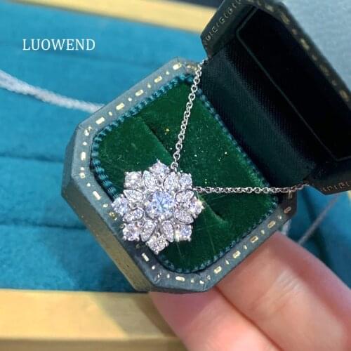 LUOWEND 18K Solid White Gold Pendant Necklace Wedding Gift Real Natural Diamond Elegant Women Engagement Necklace Best Gift