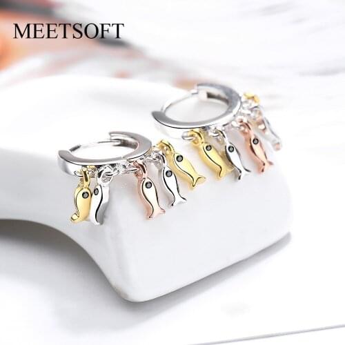 MEETSOFT Trendy 925 Sterling Silver Cute Fish Teassl Zircon Hoop Earrings for Women Party Fine Jewelry Accessory wholesale Gift