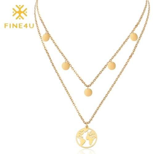 FINE4U N223 Trendy Travel Jewelry Tiny Coins Choker Necklace Double Layer Stainless Steel Coin World Map Pendants Necklaces