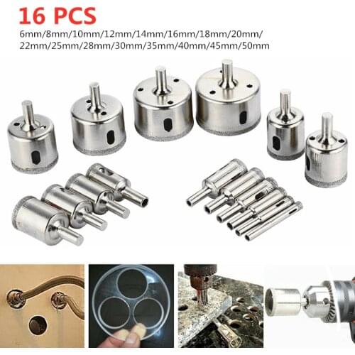 16pcs 6-50mm Diamond Coated Core Hole Saw Drill Bit Set For Glass Ceramic Marble Tile Granite Glass Drill Bit Tools Accessories