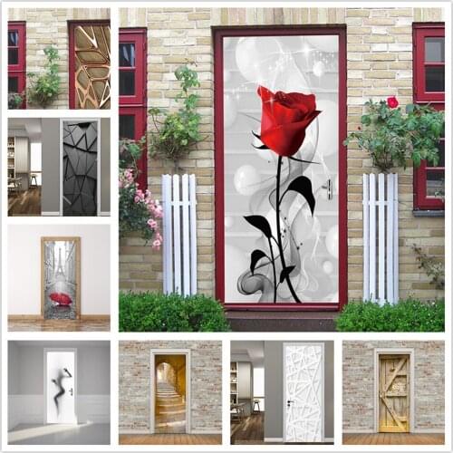 Flower Door Stickers Home Decor Living Room Bedroom Removable Wallpaper Adhesive Waterproof Poster papier peint porte 3D Decals