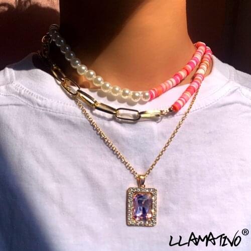 2021 New Handmade Pearl Soft Clay Beads Choker Necklace For Women Girls Pink Crystal Pendant Metal Chain Necklaces Jewelry Gift