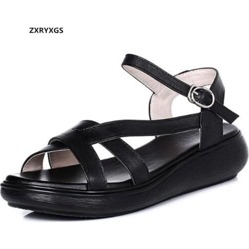 2021 New Summer Open Toe Sandals Genuine Leather Platform Sandals Flat Comfortable Elegant Heighten Sandals Women Sandal Shoes