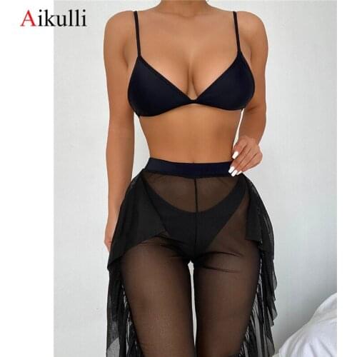 Sexy Mesh Three-Pieces Bikini Set Swimsuits Women With Ruffled Cover Up Pants Bikini Swimwear 2021 Summer Beachwear Bathing Suit
