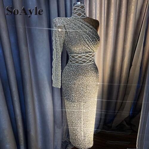 SoAyle Sparkle Silver Sequined Straight Prom Dresses Luxury One Shoulder Rhinestones Prom Gowns Tea Length High Collar Vestidos